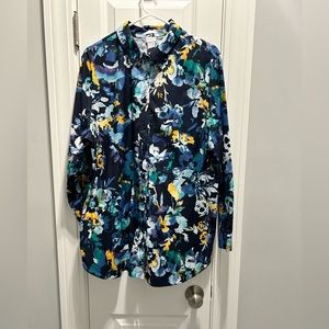 Chico’s navy floral no iron stretch shirt
